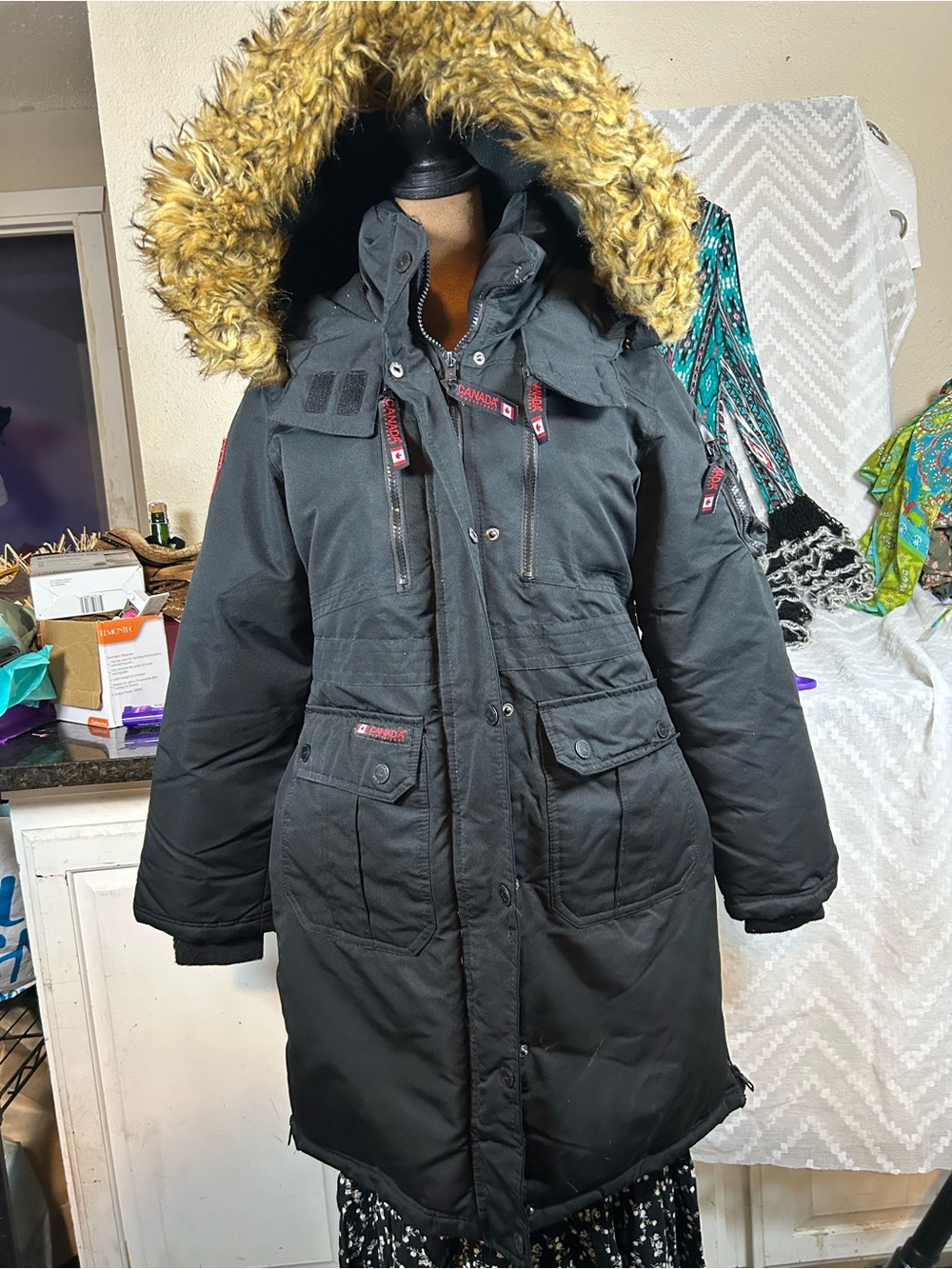 Canada weather gear Black Women's Hooded Parka Coat with Faux Fur Trim